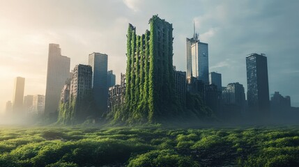 Obraz premium Post-Apocalyptic Cityscape: Nature Reclaims Urban Ruins and Skyscrapers
