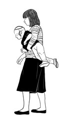 Black-and-white illustration of a mother carrying her child wearing kippah. A touching scene of care, strength, and maternal connection, drawn in a minimal, hand-drawn style with emotional simplicity.
