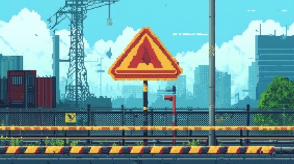 Pixelated urban landscape featuring a hazard sign and cityscape backdrop