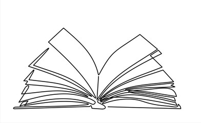 Open book continuous in single continuous one line drawing. Bookstore, library sign in simple linear style. Vector illustration.. Editable stroke.