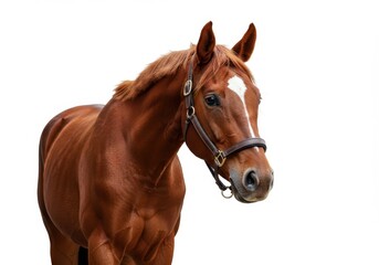Fototapeta premium Chestnut horse headshot with white blaze and brown bridle on white background