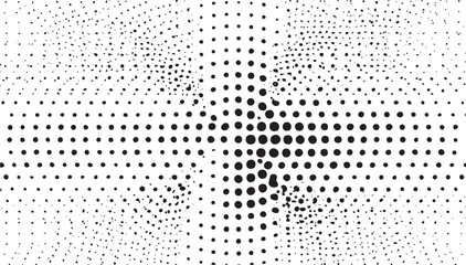 A densely packed array of black and white circular dots creates a textured abstract