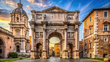 Naklejka premium Ancient Roman triumphal arch with intricate carvings and sculptures, set against the stunning backdrop of the Church of San Vito in Rome Italy, ancient, landmark