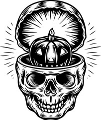 SVG vector of a Halloween-themed pumpkin skull design. Skull with Pumpkin Inside for Halloween Festive Illustration