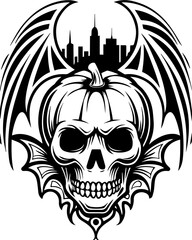 Fototapeta premium SVG vector of a Halloween-themed pumpkin skull design. Skull and Pumpkin with Wings and City Skyline in Black Design