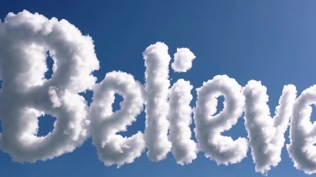 Word Believe formed from fluffy clouds in blue sky. Inspirational animated skywriting concept for motivation and positivity