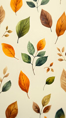 Fototapeta premium Watercolor autumn leaves pattern, various shades of orange, brown, and green on a cream background