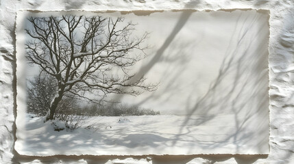 Winter landscape framed by textured paper, showcasing a snow-covered field with a bare tree