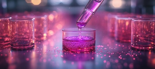 Scientific research environment with pipette adding purple liquid to test tubes in precise laboratory conditions


