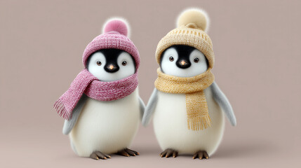 Two penguins wearing pink and yellow hats and scarves