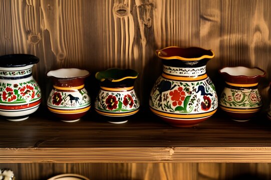 Photograph of characteristic ukrainian painted ceramic pottery kosiv ceramics featuring folk motifs