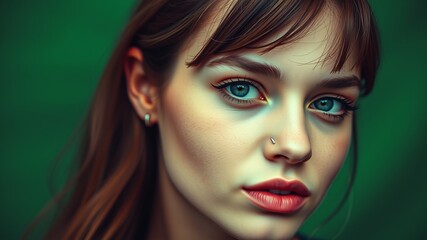 Fototapeta premium A young woman with blue eyes and brown hair poses for a close-up portrait against a dark green background.