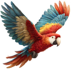   Scarlet macaw parrot with wings spread, isolated on white background