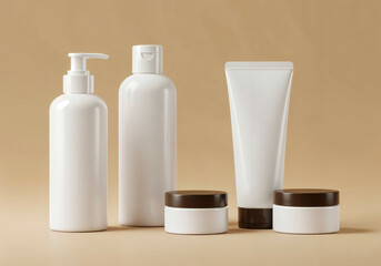 set of cosmetic containers (jar, bottle, tube) with empty branding areas
