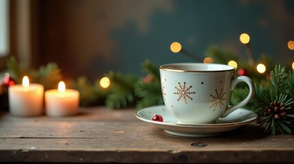 Fototapeta premium A Festive Teacup with Snowflake Design, Illuminated by Soft Candlelight and Evergreen Branches on a Rustic Wooden Surface