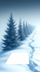 Snowy path with frosted evergreens