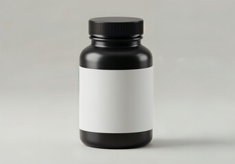 dark plastic pill bottle with blank label placeholder, isolated on light background
