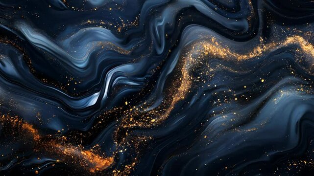 Beautiful Navy Blue Paint Swirls with Gold Powder. Modern Marbling Background
