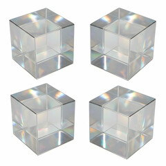 Fototapeta premium Four transparent cubes arranged in a square formation, exhibiting light refraction on a white background
