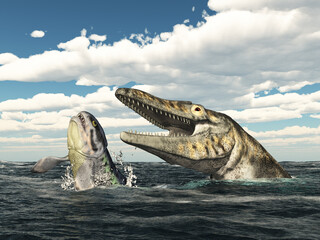 Mosasaurier Tylosaurus jagt den Fisch Rhizodus im offenen Meer