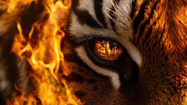 Intense Gaze: A Tiger's Eye Reflecting Fire and Raw Primal Power