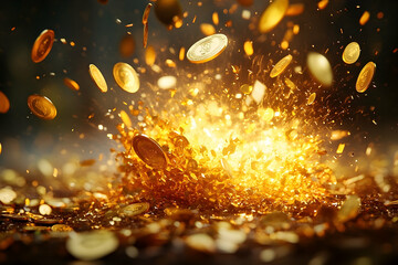 Golden coins exploding in a dramatic monetary display.