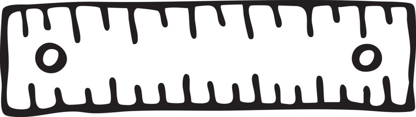 A white ruler with marked measurements and two circular end markers.