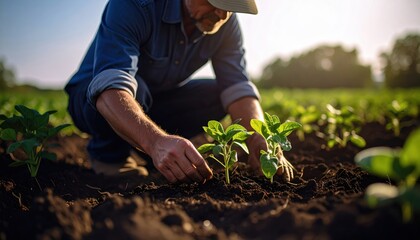 Fototapeta premium Nurturing new life, a man kneels to plant seedling in the rich soil, cultivating growth