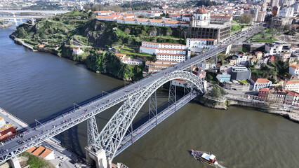 Luis I Bridge At Porto In District Of Porto Portugal. Downtown District. Medieval Buildings. Historical City Scene. Luis I Bridge At District Of Porto In Portugal. Tourism Landmarks.