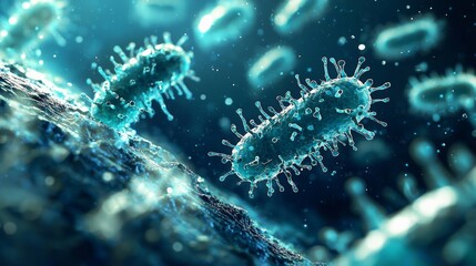 Visual representation of pathogenic bacteria including Salmonella and Escherichia coli.