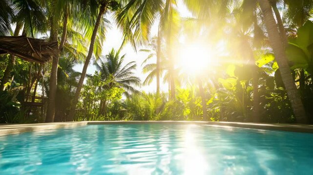Tranquil swimming pool invites relaxation amidst lush tropical vegetation, bathed in warm sunlight filtering through palm trees, creating a serene oasis