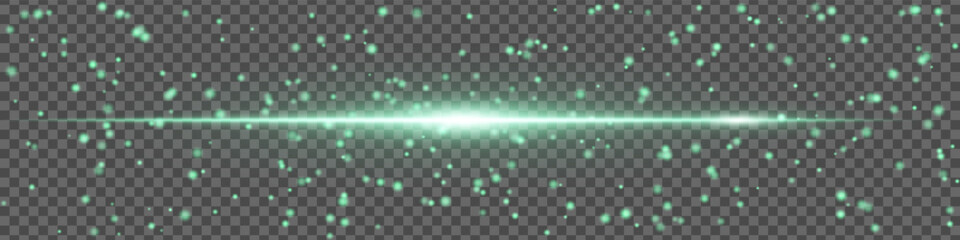 Green glowing light streak with spark particles on transparent background. Dynamic sci-fi effect for UI design and visual projects.