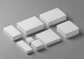 Flat lay of packaging mockups with placeholder label zones, on monochrome background