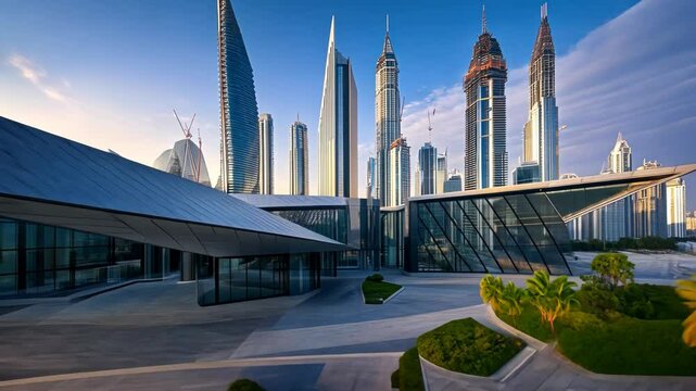 Modern architectural marvel in a vibrant city skyline. Lush landscaping surrounds a modern convention center, highlighting the juxtaposition of futuristic design and natural beauty