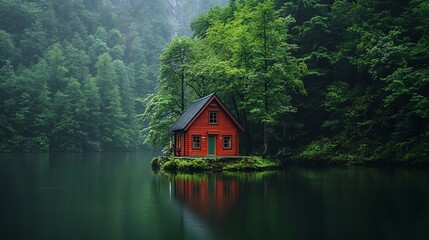 Fototapeta premium Red Cabin on Lake in Green Forest