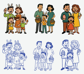 Set illustrations of family celebrate easter