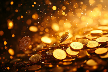 Golden coins raining down in a dramatic financial success scene.