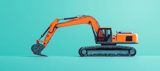 Fototapeta premium Realistic Orange Excavator Positioned on Teal Background with Copy Space for Creative Design