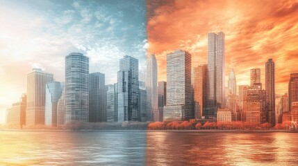 Fototapeta premium Contrasting visions of a vibrant metropolis skyline by the riverside view