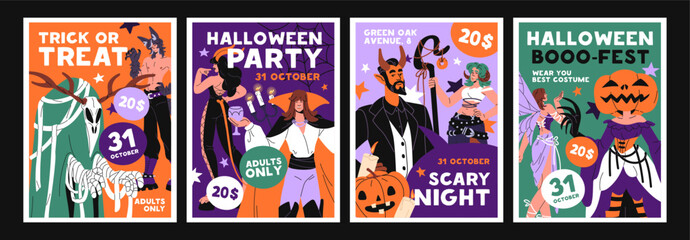 Set of costumed Halloween party event poster designs. Advertising templates of Helloween masquerade, carnival with people wearing witch, fairy, devil suits for festival. Flat vector illustrations