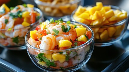 Three vibrant shrimp ceviches featuring mango avocado and tomatoes Latin American cuisine Accompanied by white wine and banana chips.