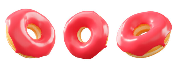 Donuts with red fruit glaze, sprinkles, white drizzle, and dots isolated on white transparent background. 3d rendering and illustration of dessert variety