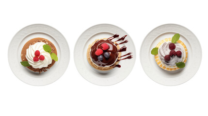 Three plates displaying different desserts with toppings on a white background and a high angle view