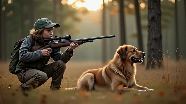 Hunter with Rifle and Dog in forest


