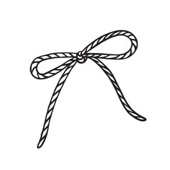 Black and white vector illustration of a rope bow knot, isolated on white background. Perfect for packaging design, tags, labels, scrapbooking, gift wrapping, invitations, and vintage decor.
