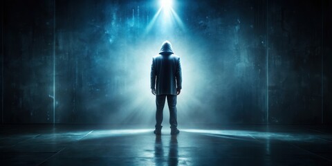 Fototapeta premium Mysterious Figure in Dark Room, glow, solution, glow, solution