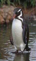 Fototapeta premium Humboldt penguin preening feathers near water, bird watching, feather
