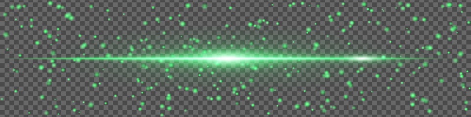 Green glowing light streak with spark particles on transparent background. Dynamic sci-fi effect for UI design and visual projects.