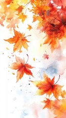 Autumnal leaves in vibrant hues, falling gracefully.  Watercolor style, artistic depiction of autumn