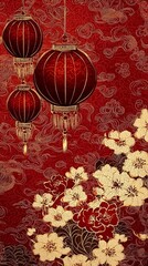 Horizontal banner design featuring Asian elements for Illustration includes iconic Japanese lanterns and Chinese clouds.